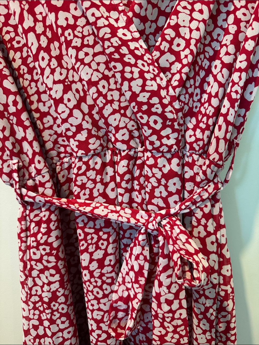 Red Floral Midi Wrap Dress with Tie Waist - Picture 3 of 6